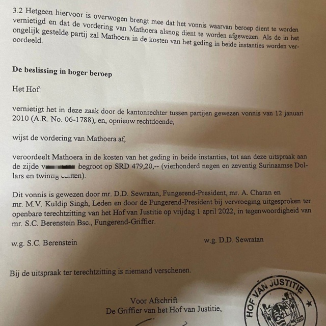 Mathoera &mdash; Vonnis